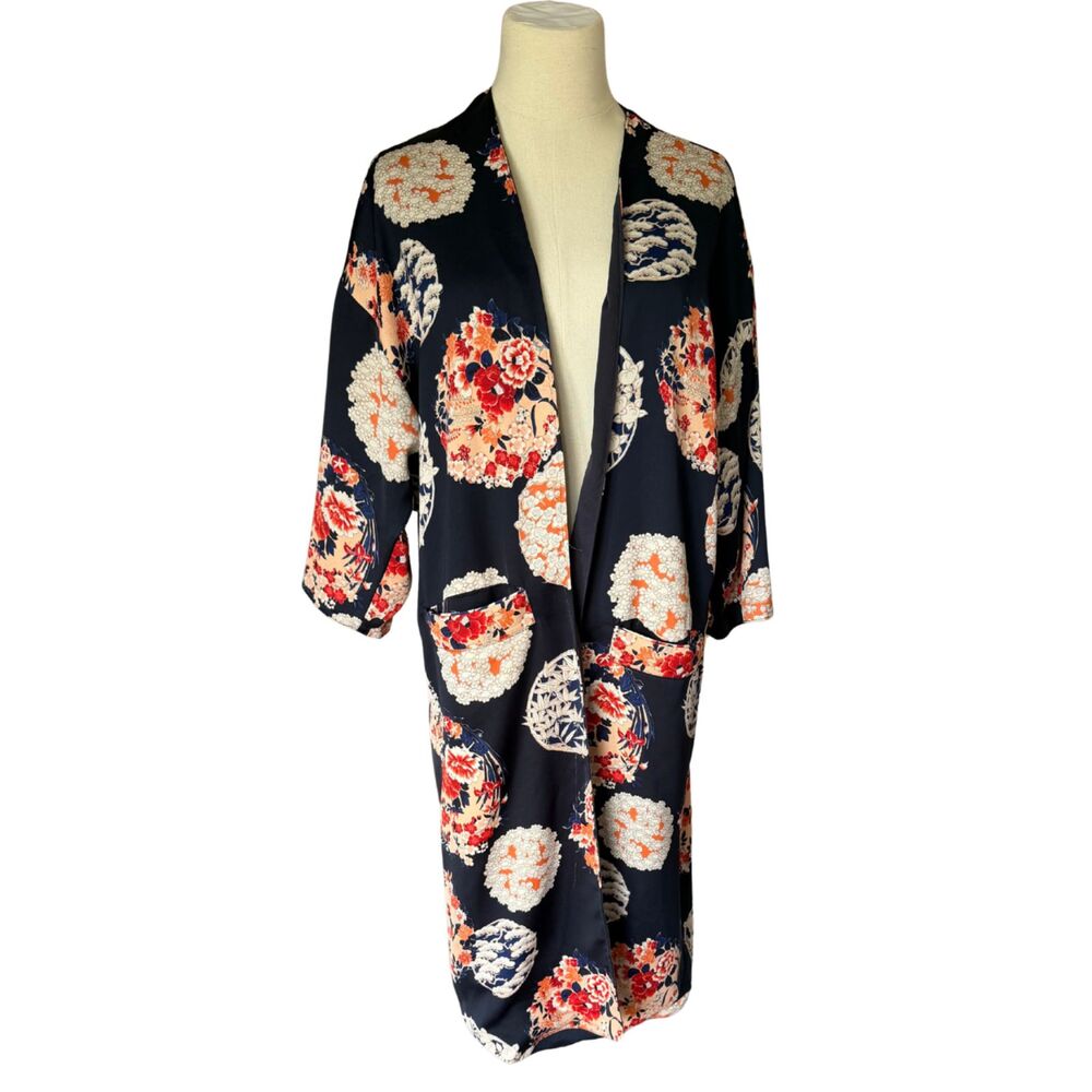 Zara TRF Outerwear Navy Blue Red White Floral Kimono Duster Jacket S/M Satin